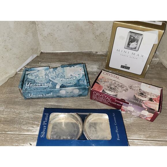 Lot Of Vintage In Packaging Crystal Candle Holders Burns Photo Album And... - Picture 1 of 8